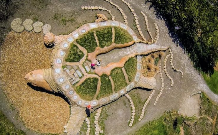 Aerial view of Gaia the Turtle at Ithaca Children's Garden.