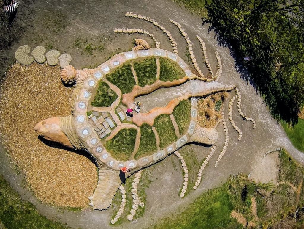 Aerial view of Gaia the Turtle at Ithaca Children's Garden.