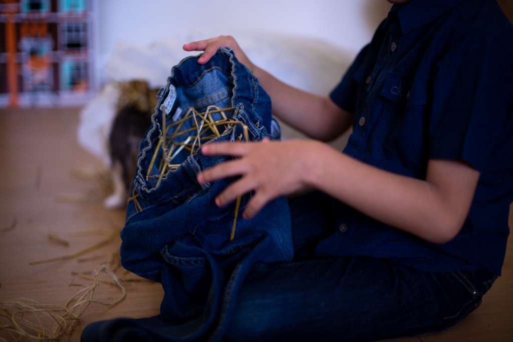 Child's hands stuffing straw into a pair of denim jeans