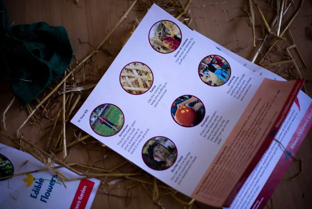 Informative flyer lying on strewn pile of straw on top of a hardwood floor. 