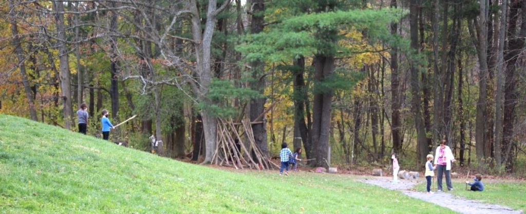 Several children, very distanced, playing near a forest.