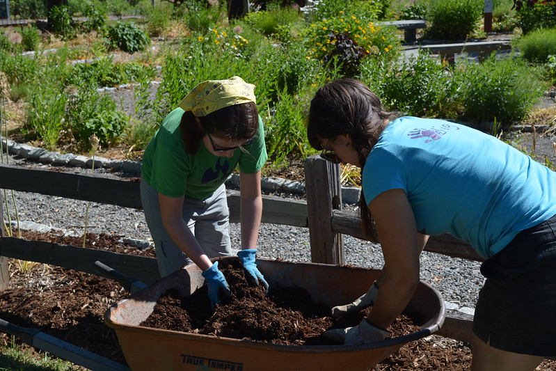 28079891651_f3c8a6367a_c Two people mix mulch in a wheelbarrow.
