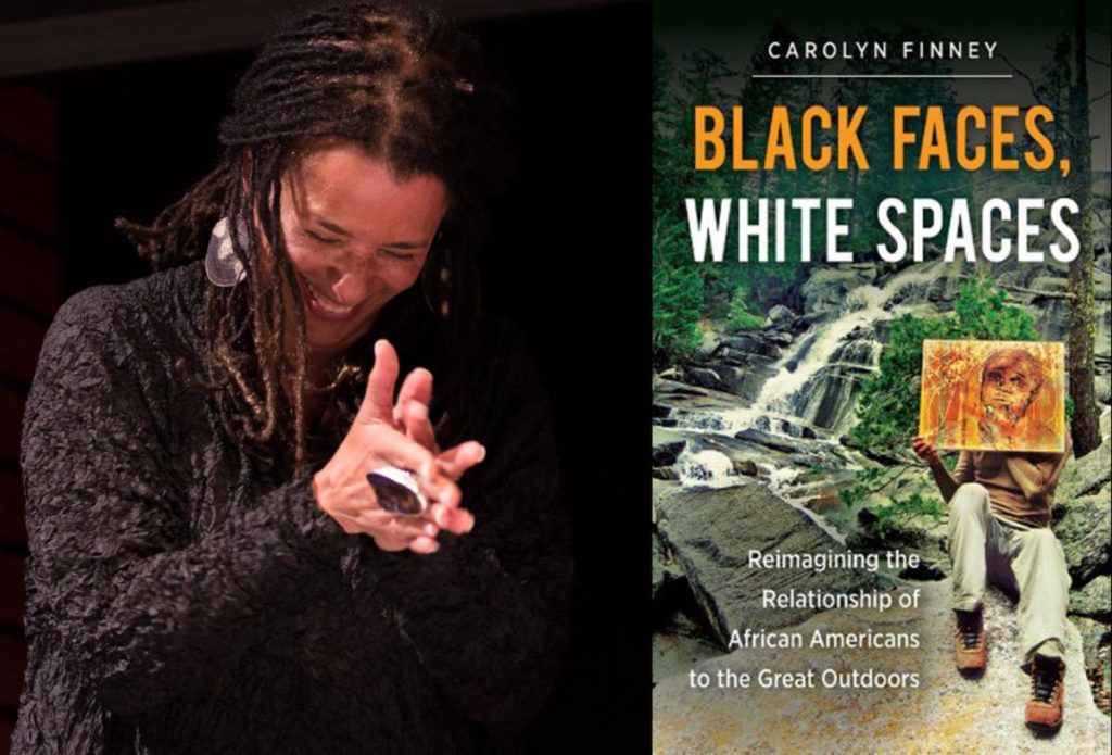 Merged photo of Carolyn Finney with her book cover.