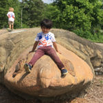 Small child sits on gaia's nose