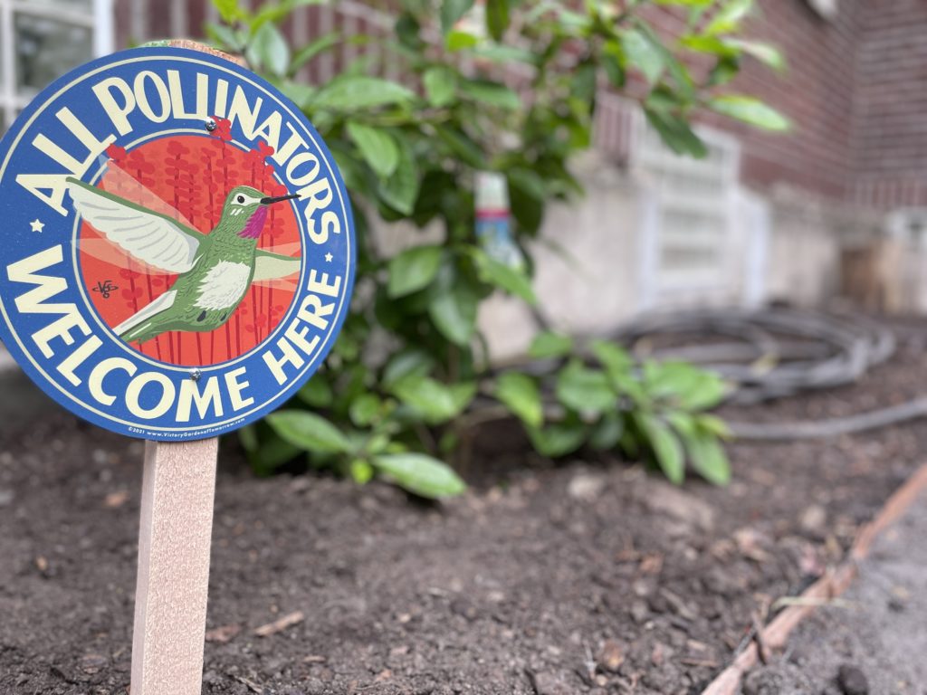 Colorful wooden sign features a hummingbird, text reads All Pollinators Welcome Here