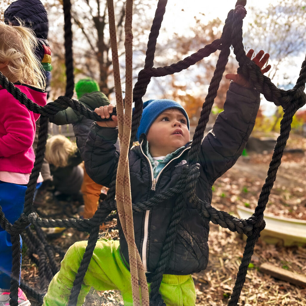 Keith, a Playful Nature Explorer at ICG, studies the rope web as he climbs, trying to determine how to navigate the wobbly structure. 