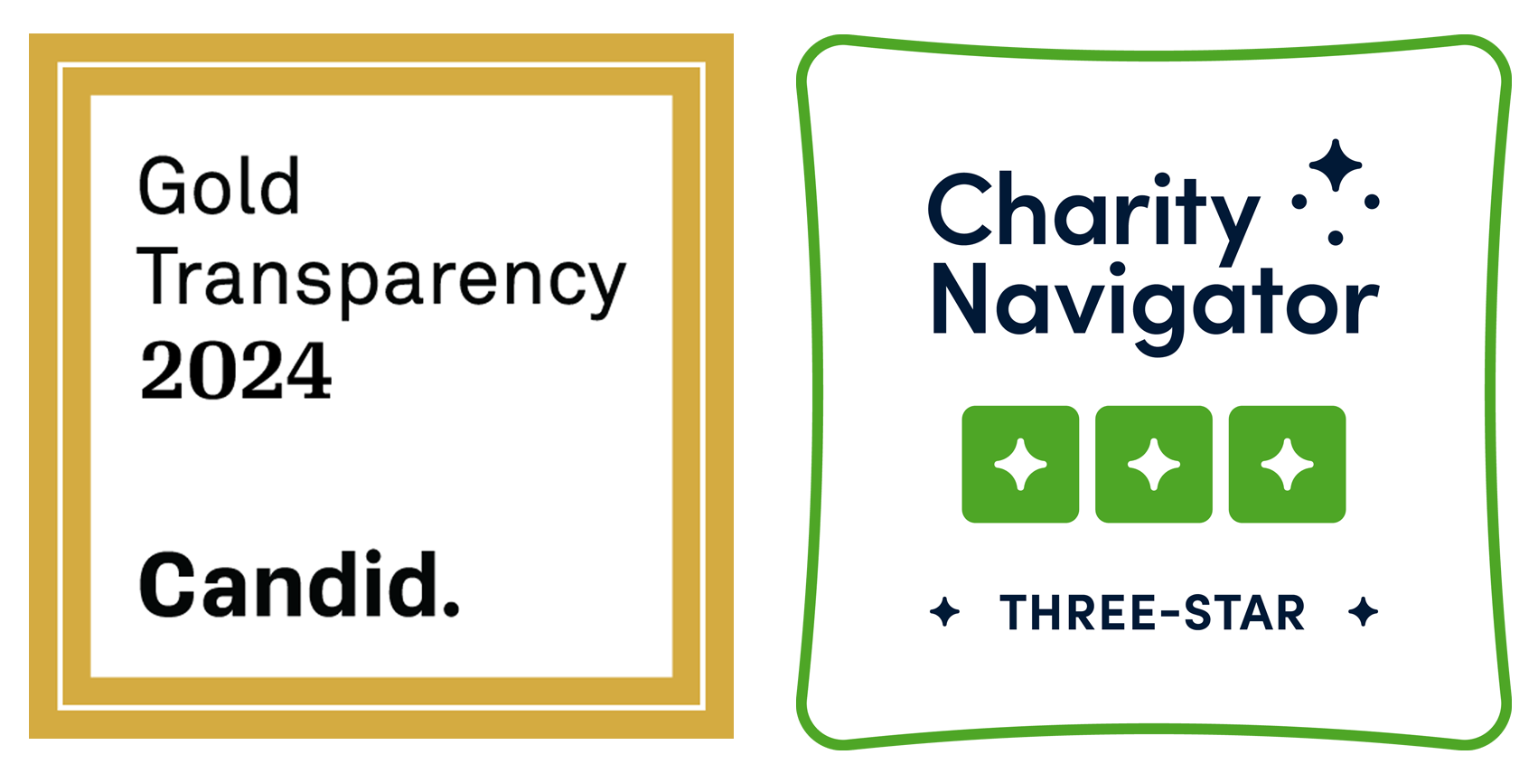 Giving Badges Two badges that read: "Gold Transparency 2024 Candid." and "Charity Navigator Three-Star"