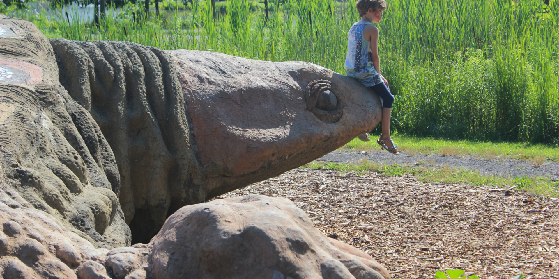 A child sits on Gaia the turtle's snout in a sunny setting.