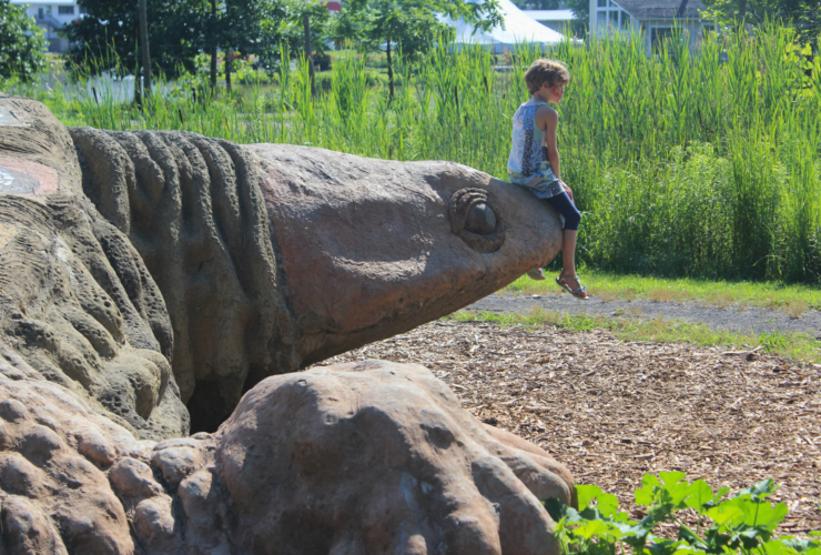 A child sits on Gaia the turtle's snout in a sunny setting.